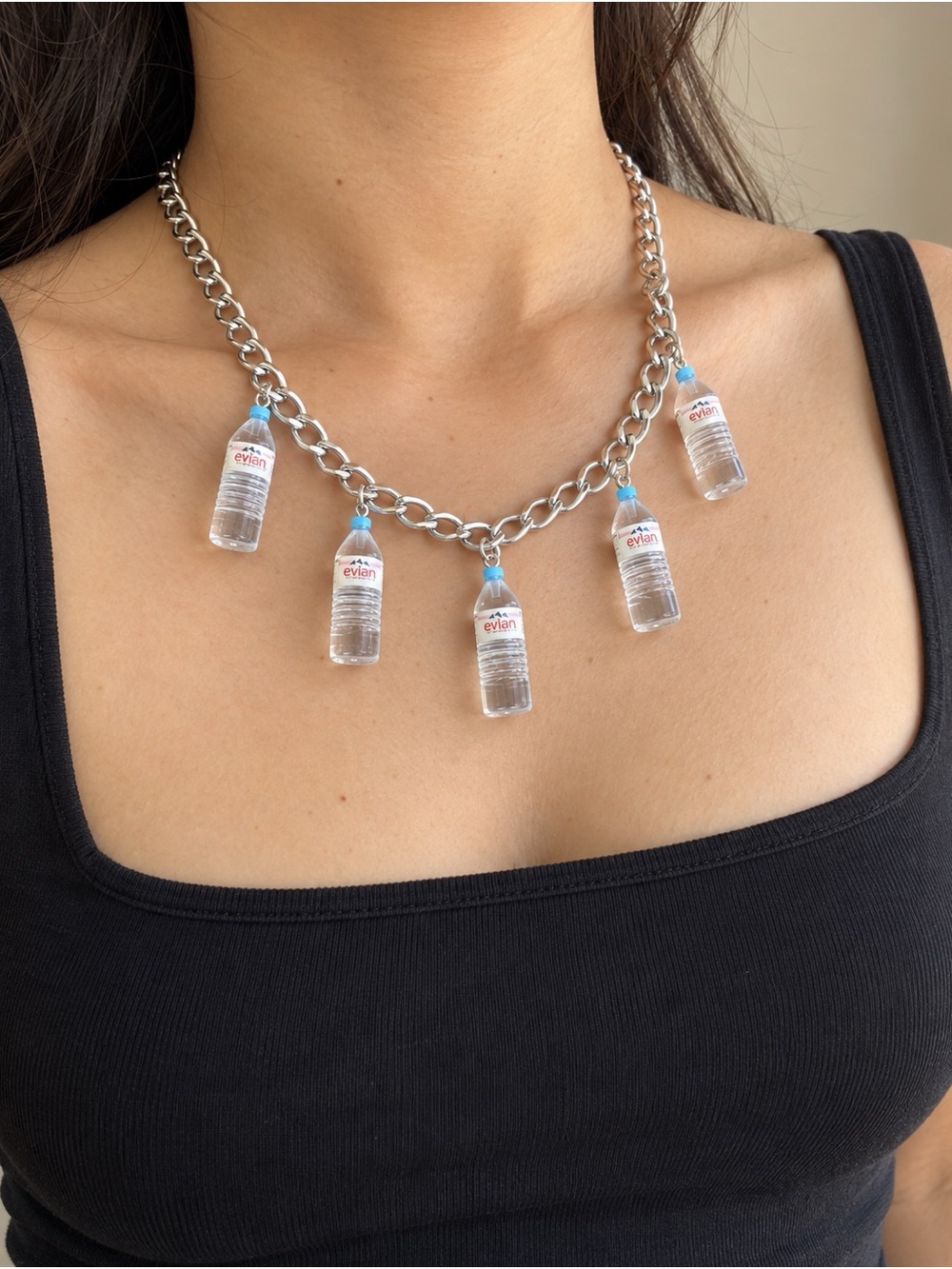 Evian Water Bottle Charm Necklace | Silver Chain Y2K Kawaii Miniature Jewellery